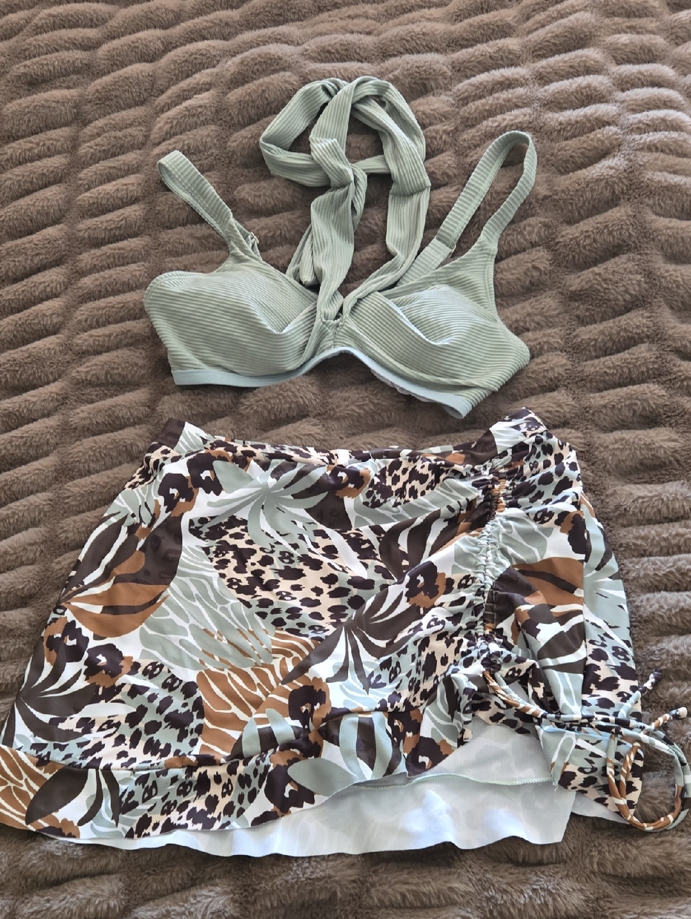 Sage Ribbed Underwire Bikini Top with Printed Swim Skirt